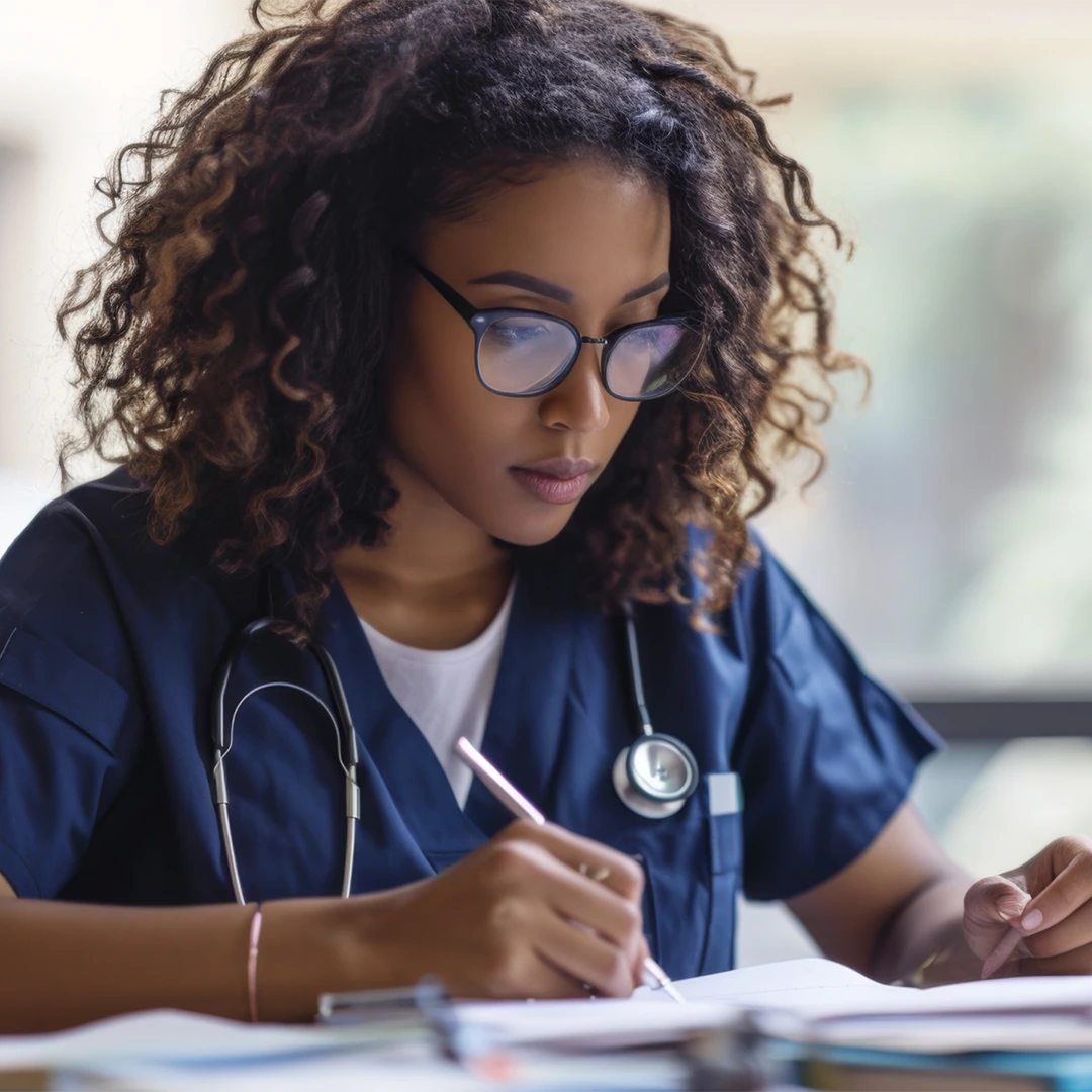 medical professional doing paper work image