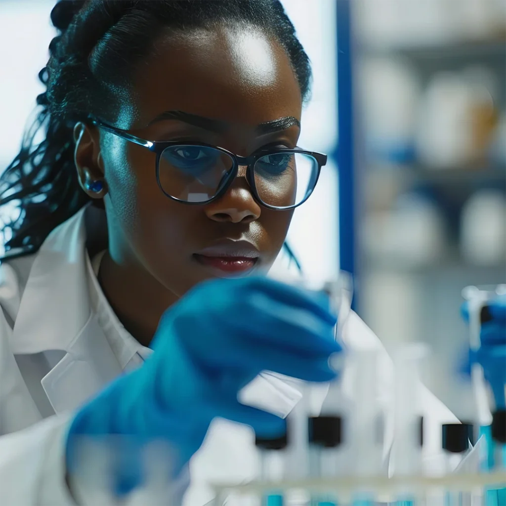 medical professional doing research with test tubes