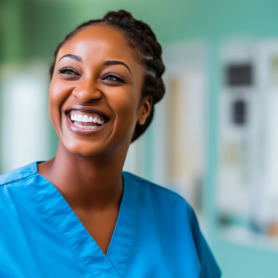 Traveling medical professional smiling