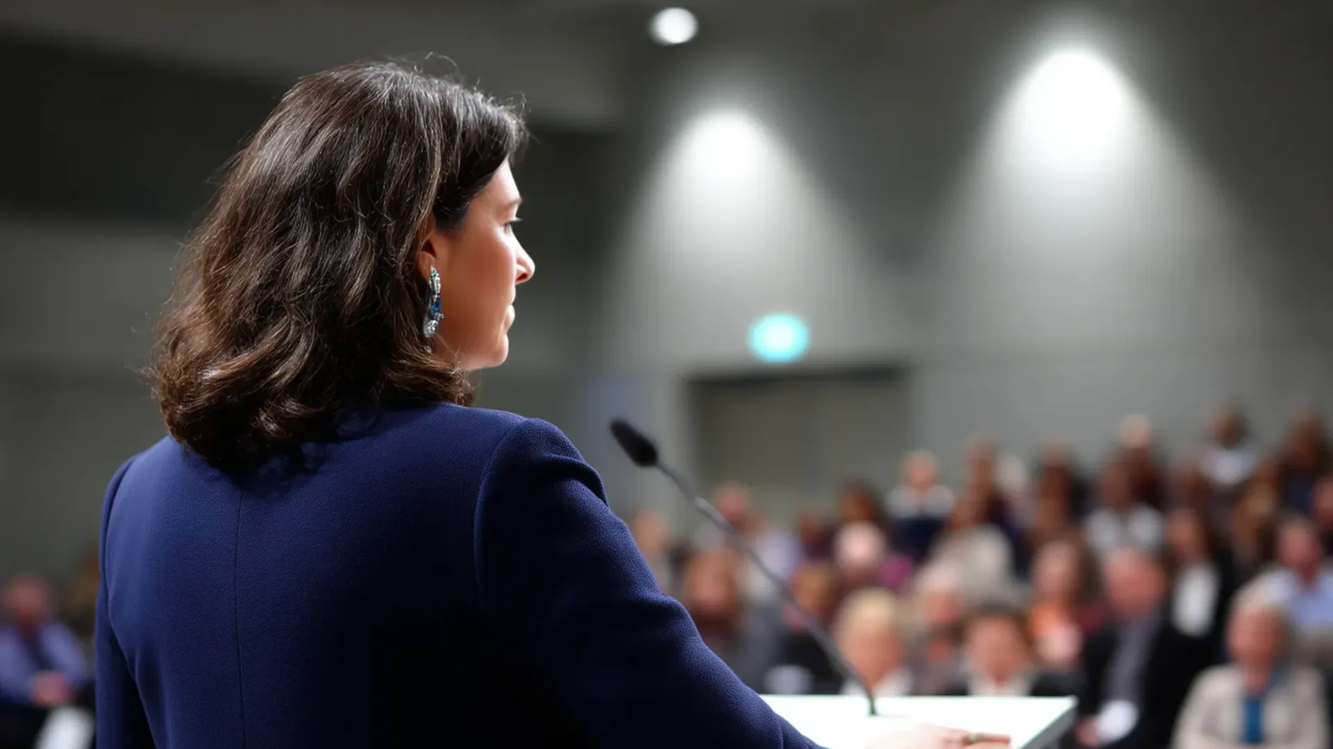 women in-front of podium giving a speech to group of people